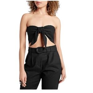 Express Linen Blend Tie Front Bandeau Top Black Smocked Back Crop XL NEW